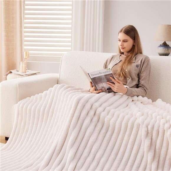 Super Soft Throw Blanket Ivory Premium Silky Flannel Fleece 3D Ribbed Jacquard - Picture 4 of 7